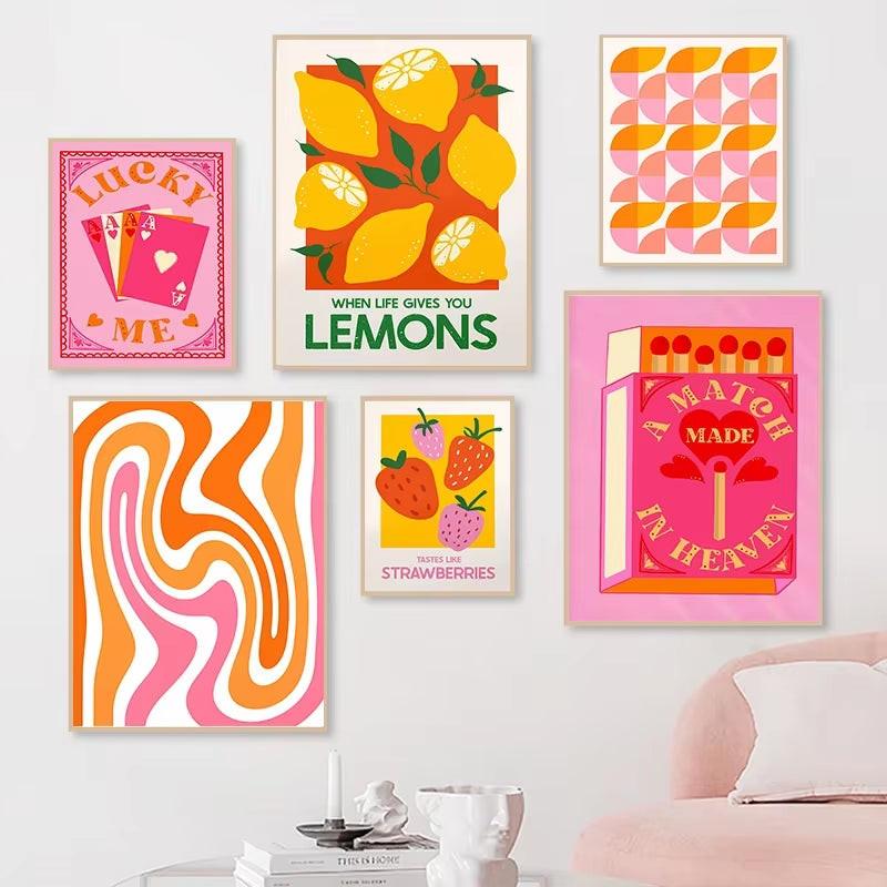Pink Strawberry Lemon Card Cocktails Drink Posters Retro Canvas Painting Living Room Corridor Wall Art Picture Kitchen Bar Decor