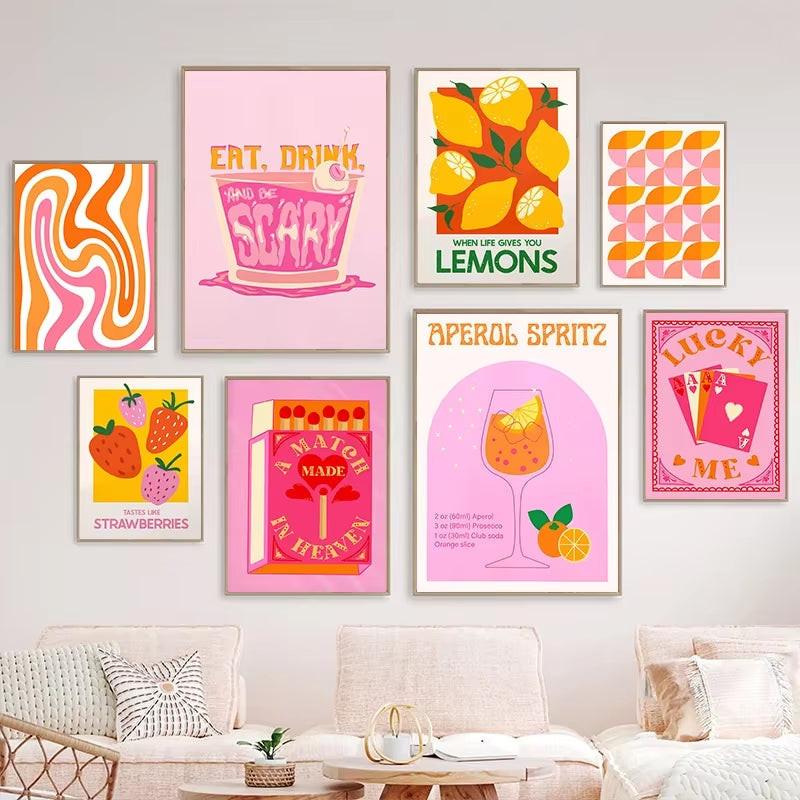 Pink Strawberry Lemon Card Cocktails Drink Posters Retro Canvas Painting Living Room Corridor Wall Art Picture Kitchen Bar Decor