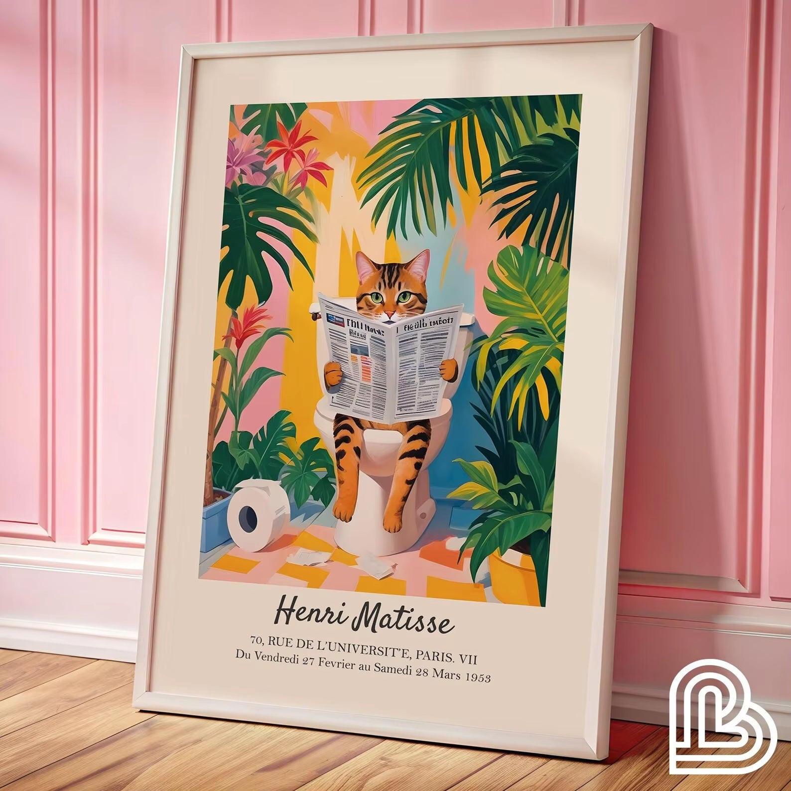 Black Cat on Toilet, Bathroom Wall Art, Matisse Poster, Funny Bathroom Decor, Pink Tropical Decor