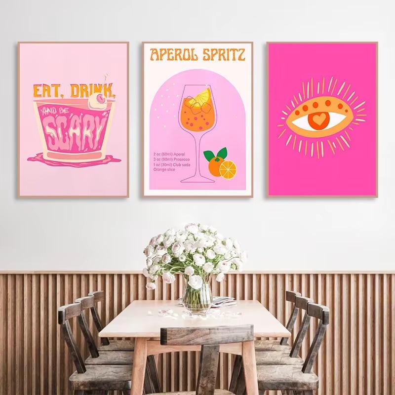 Pink Strawberry Lemon Card Cocktails Drink Posters Retro Canvas Painting Living Room Corridor Wall Art Picture Kitchen Bar Decor