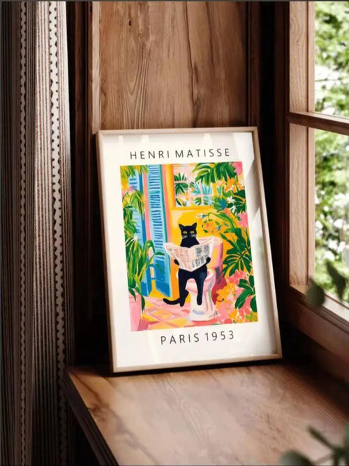 Black Cat on Toilet, Bathroom Wall Art, Matisse Poster, Funny Bathroom Decor, Pink Tropical Decor