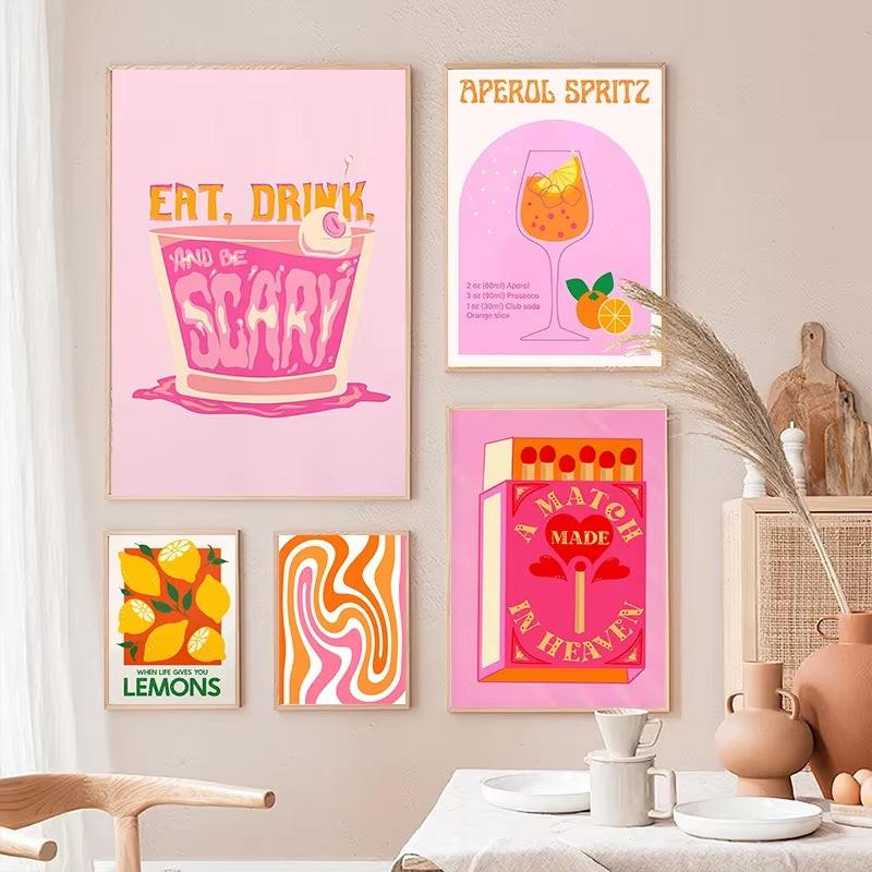 Pink Strawberry Lemon Card Cocktails Drink Posters Retro Canvas Painting Living Room Corridor Wall Art Picture Kitchen Bar Decor