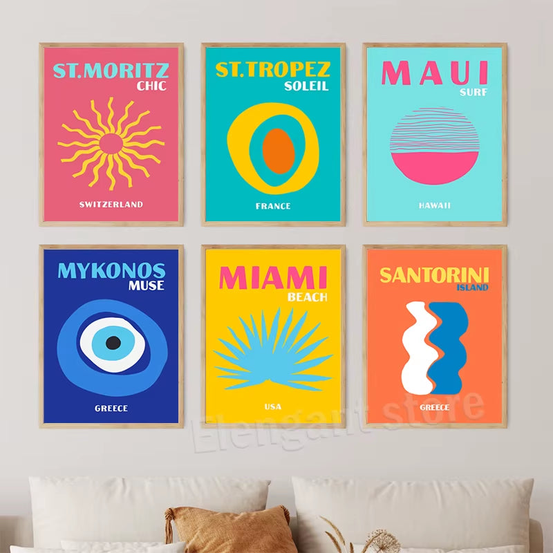 Preppy Color Travel Posters Miami Bondi Palms Ibiza Mykonos Capry Art Print Minimalist Nordic Canvas Painting Living Room Decor