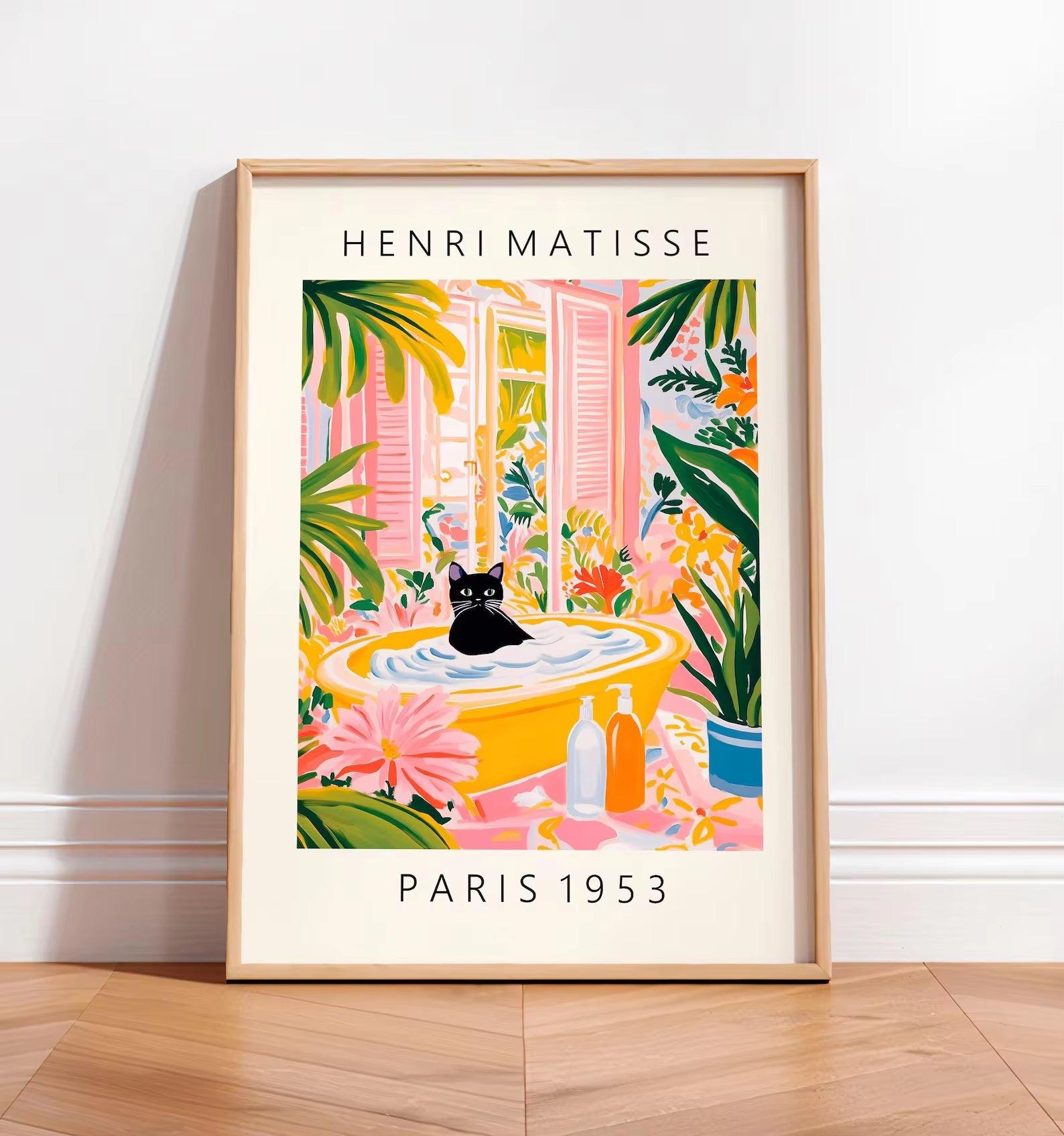 Black Cat on Toilet, Bathroom Wall Art, Matisse Poster, Funny Bathroom Decor, Pink Tropical Decor