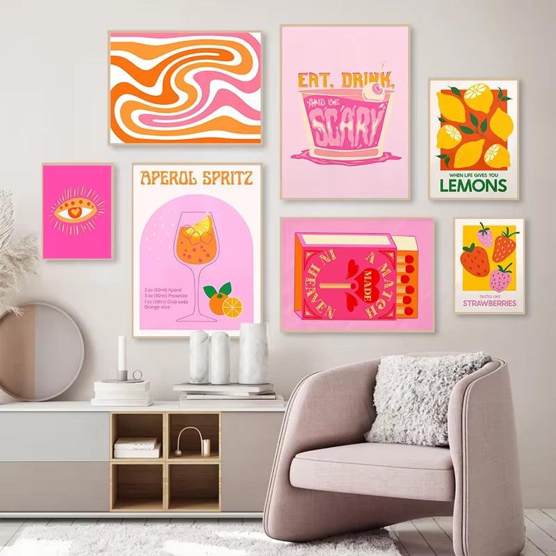 Pink Strawberry Lemon Card Cocktails Drink Posters Retro Canvas Painting Living Room Corridor Wall Art Picture Kitchen Bar Decor